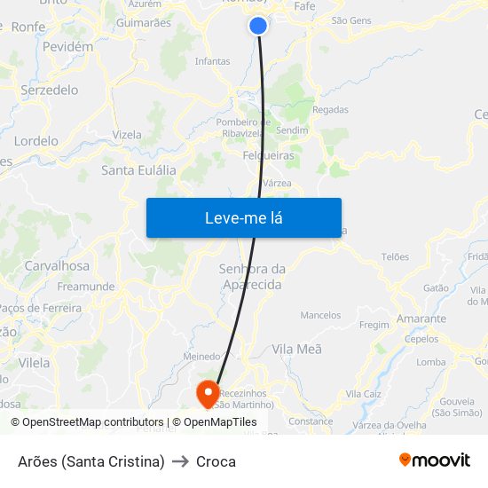 Arões (Santa Cristina) to Croca map