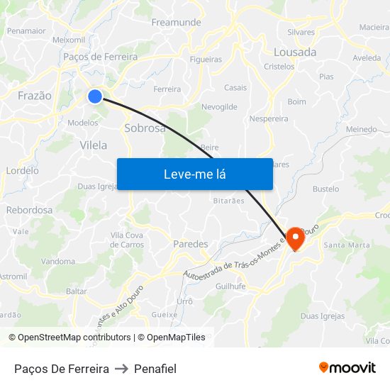 Paços De Ferreira to Penafiel map
