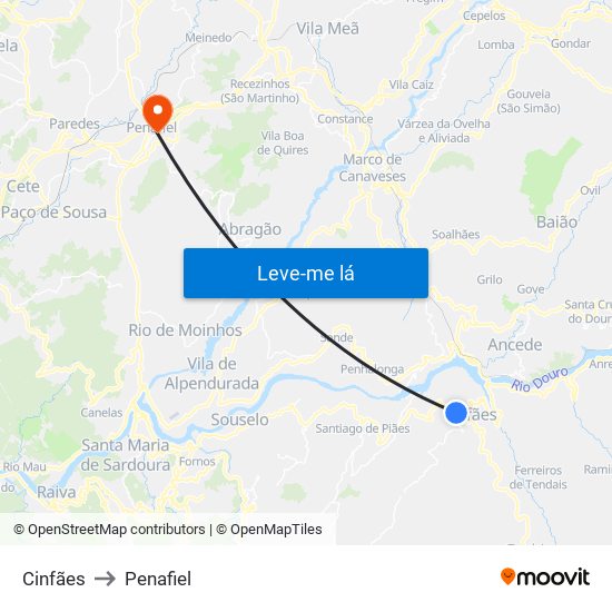 Cinfães to Penafiel map