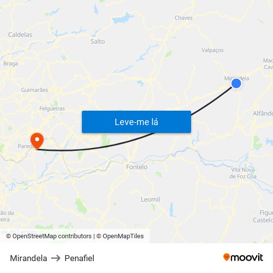 Mirandela to Penafiel map