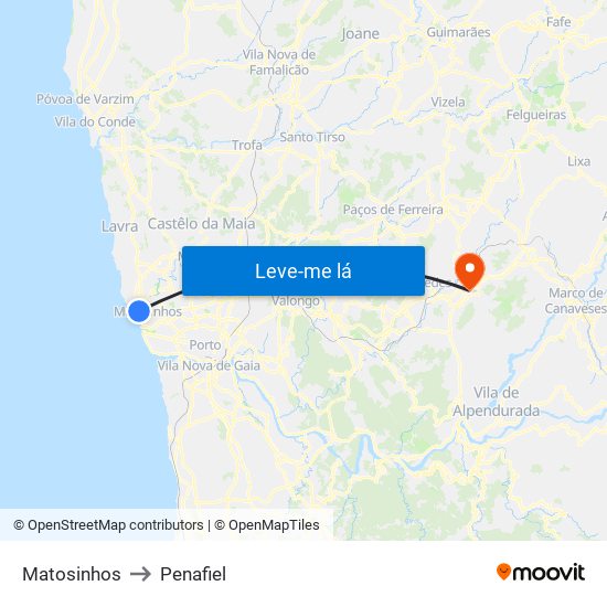 Matosinhos to Penafiel map