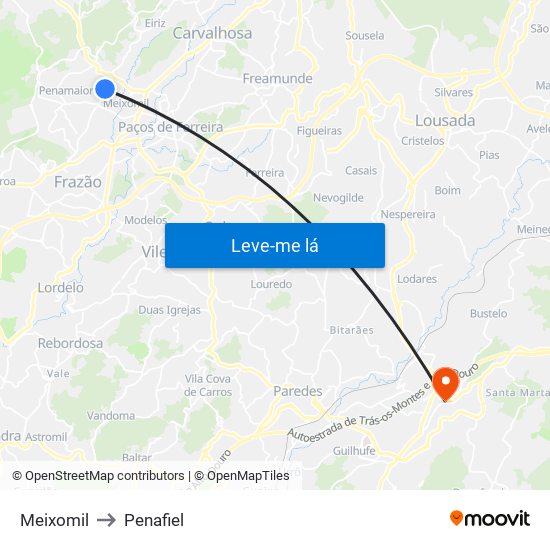 Meixomil to Penafiel map