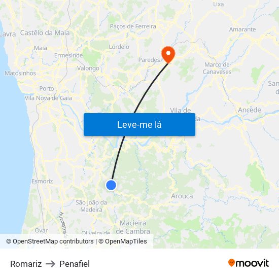 Romariz to Penafiel map