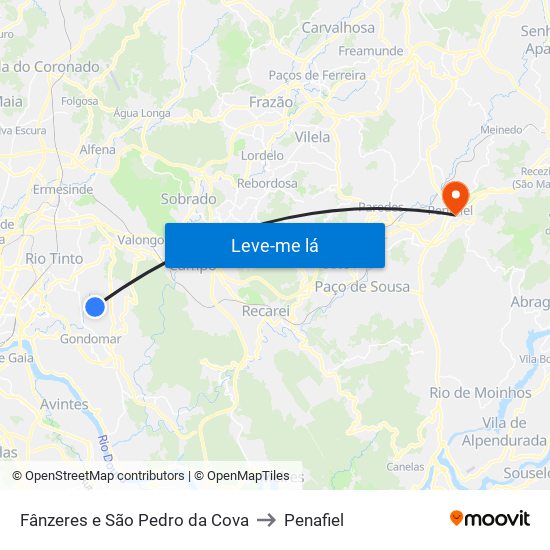 Fânzeres e São Pedro da Cova to Penafiel map