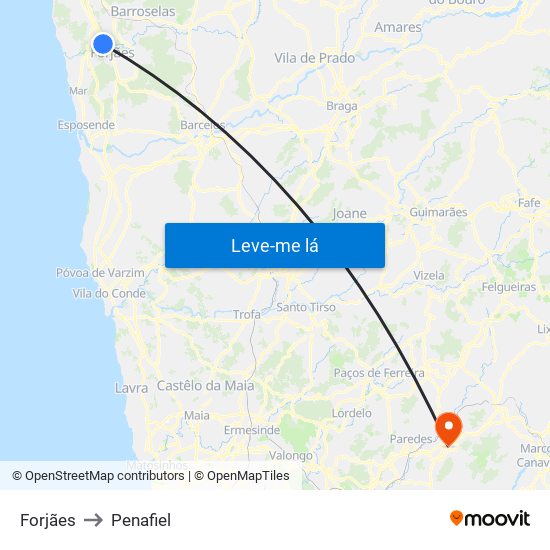 Forjães to Penafiel map