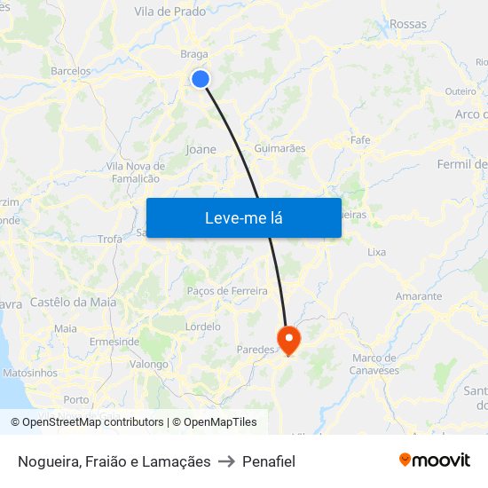 Nogueira, Fraião e Lamaçães to Penafiel map