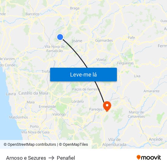Arnoso e Sezures to Penafiel map