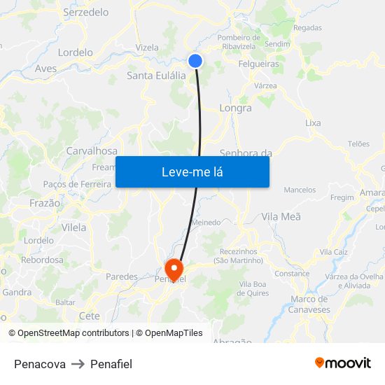 Penacova to Penafiel map