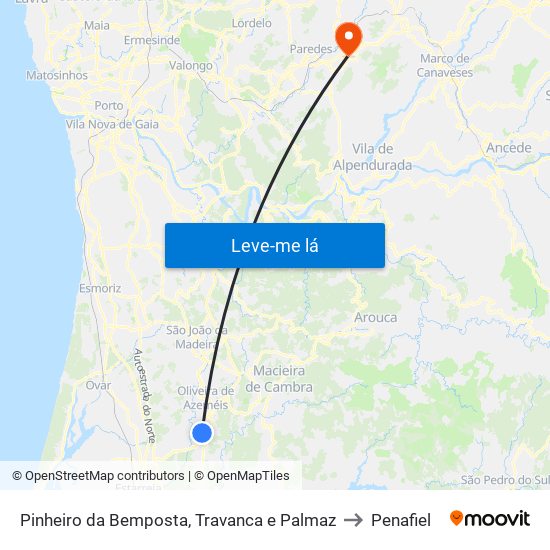 Pinheiro da Bemposta, Travanca e Palmaz to Penafiel map