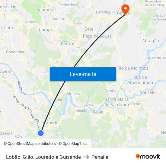 Lobão, Gião, Louredo e Guisande to Penafiel map