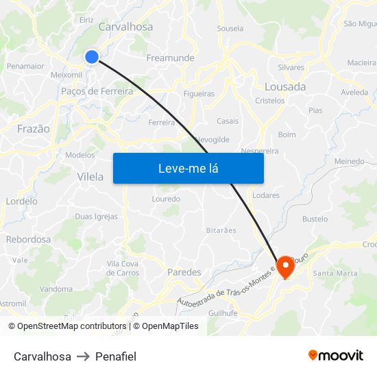 Carvalhosa to Penafiel map