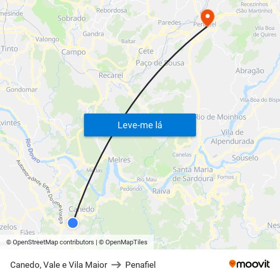 Canedo, Vale e Vila Maior to Penafiel map