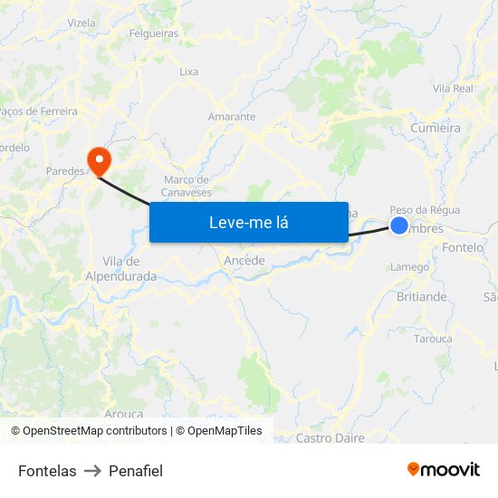 Fontelas to Penafiel map