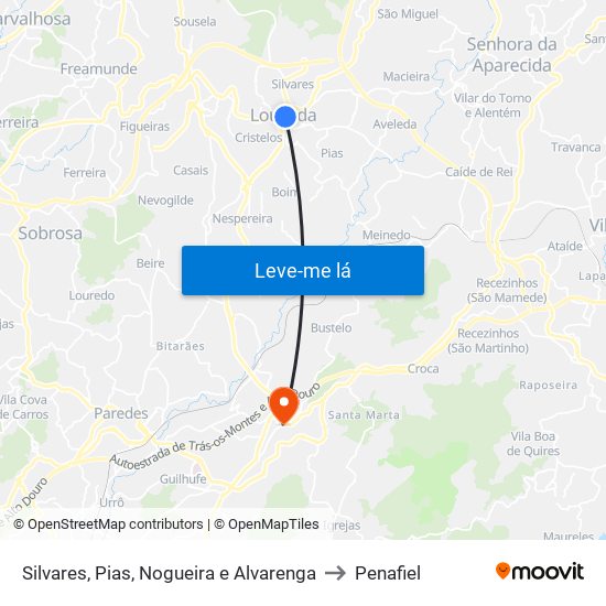 Silvares, Pias, Nogueira e Alvarenga to Penafiel map