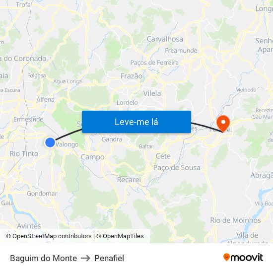 Baguim do Monte to Penafiel map