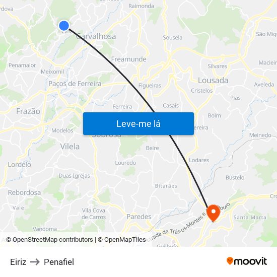 Eiriz to Penafiel map