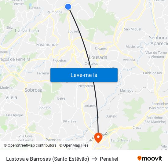 Lustosa e Barrosas (Santo Estêvão) to Penafiel map