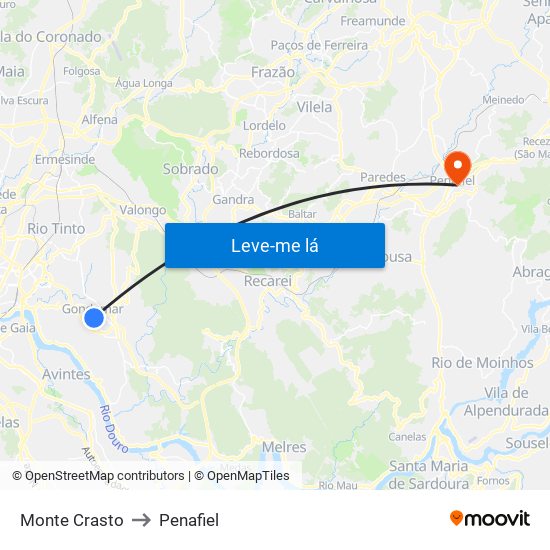 Monte Crasto to Penafiel map