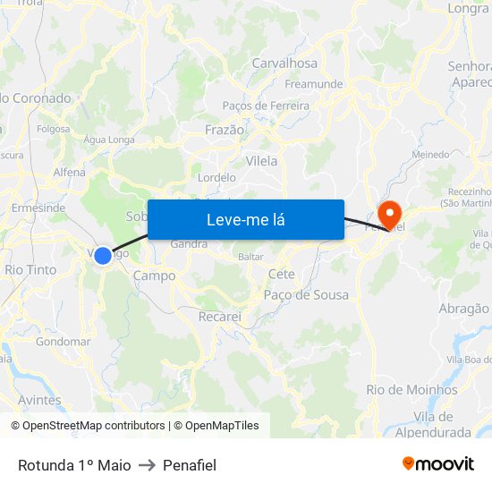 Rotunda 1º Maio to Penafiel map