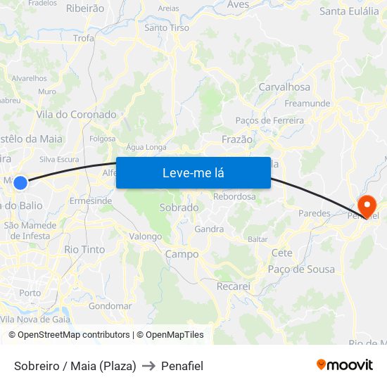 Sobreiro / Maia (Plaza) to Penafiel map