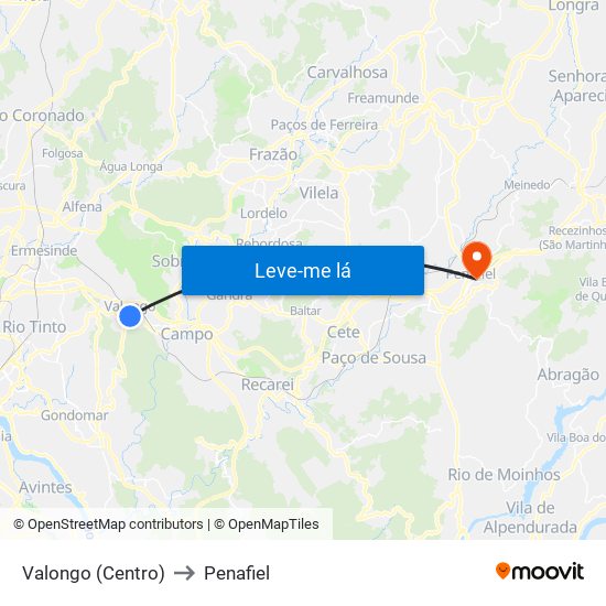 Valongo (Centro) to Penafiel map