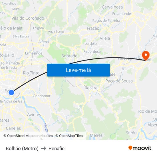 Bolhão (Metro) to Penafiel map