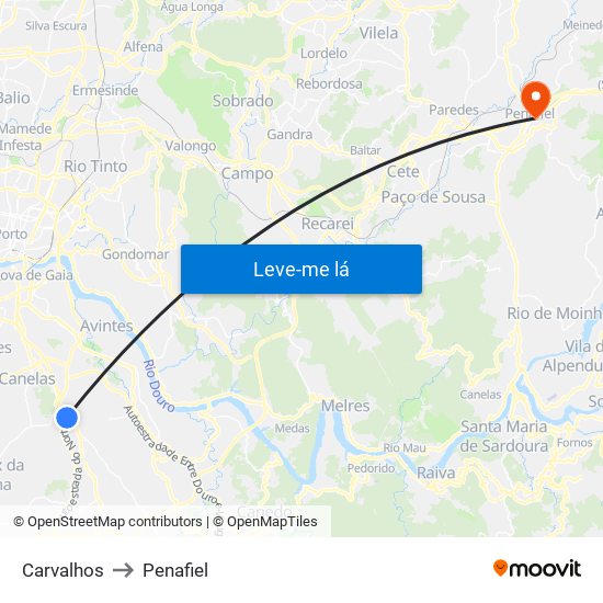 Carvalhos to Penafiel map