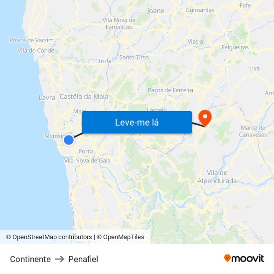Continente to Penafiel map
