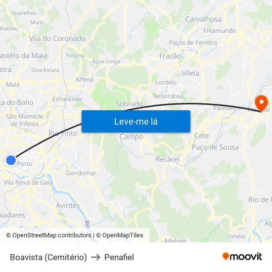 Boavista (Cemitério) to Penafiel map