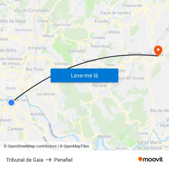 Tribunal de Gaia to Penafiel map