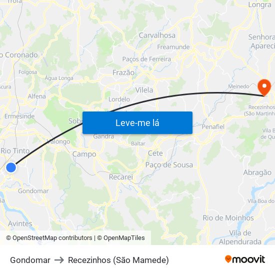 Gondomar to Recezinhos (São Mamede) map