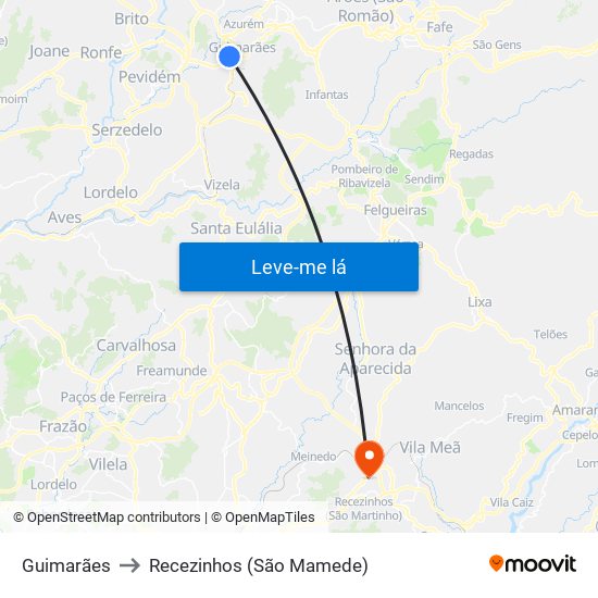 Guimarães to Recezinhos (São Mamede) map