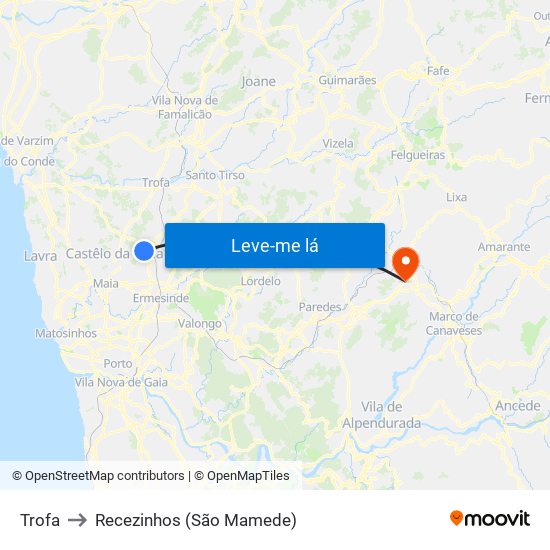 Trofa to Recezinhos (São Mamede) map