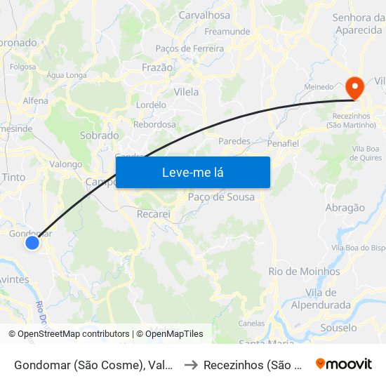 Gondomar (São Cosme), Valbom e Jovim to Recezinhos (São Mamede) map