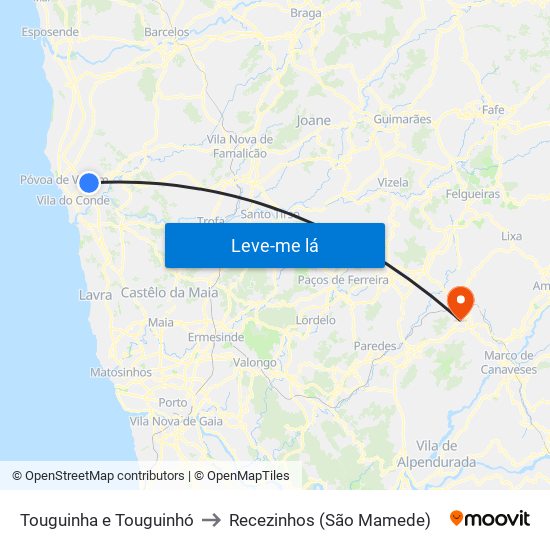 Touguinha e Touguinhó to Recezinhos (São Mamede) map
