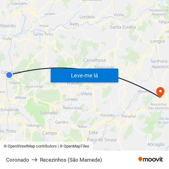 Coronado to Recezinhos (São Mamede) map