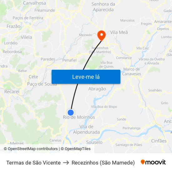 Termas de São Vicente to Recezinhos (São Mamede) map