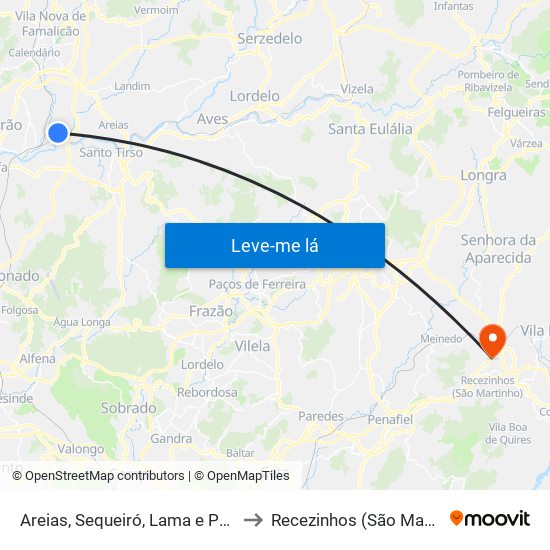 Areias, Sequeiró, Lama e Palmeira to Recezinhos (São Mamede) map