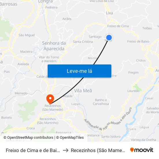Freixo de Cima e de Baixo to Recezinhos (São Mamede) map