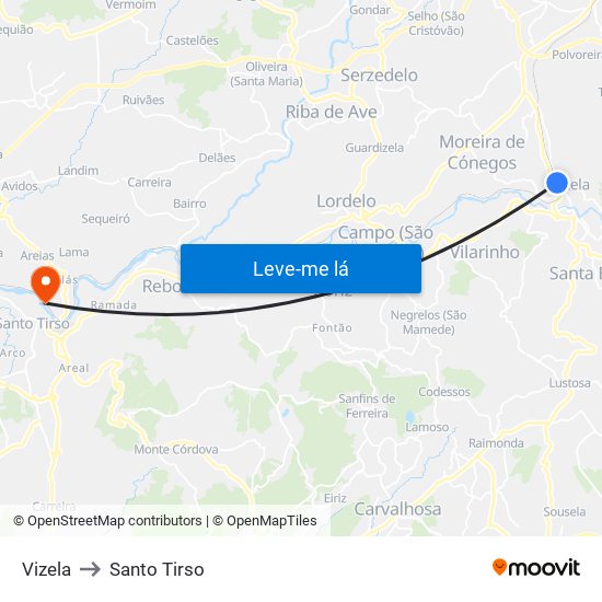 Vizela to Santo Tirso map