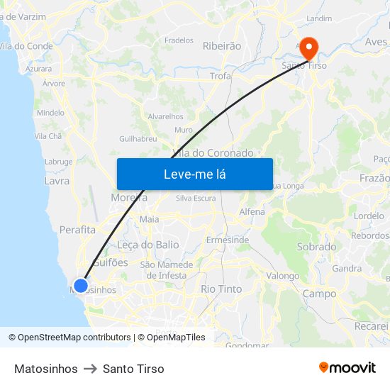 Matosinhos to Santo Tirso map