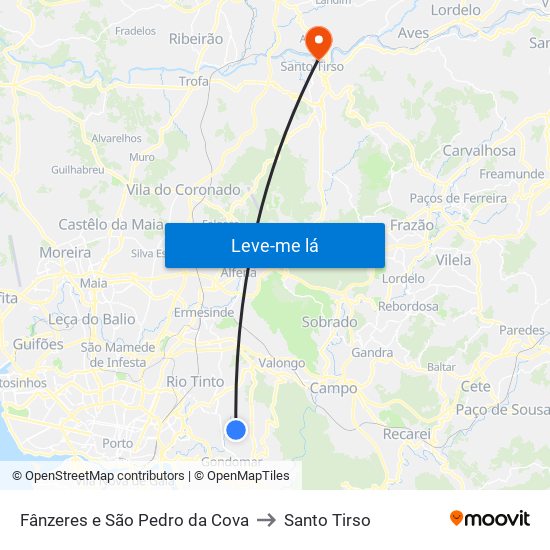 Fânzeres e São Pedro da Cova to Santo Tirso map