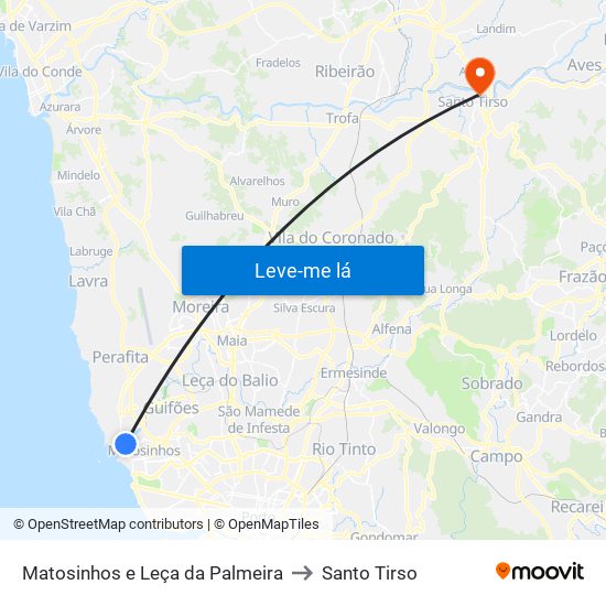 Matosinhos e Leça da Palmeira to Santo Tirso map