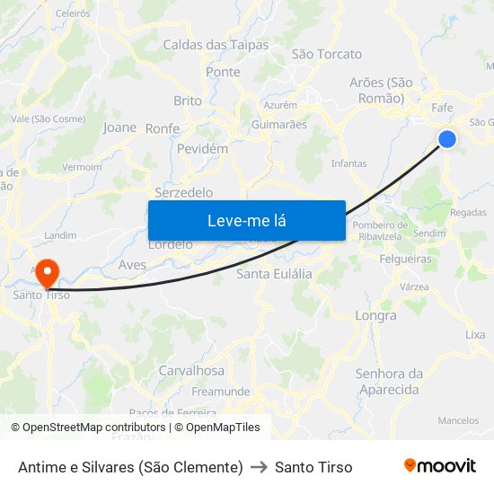 Antime e Silvares (São Clemente) to Santo Tirso map