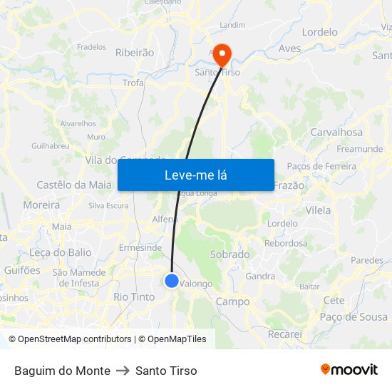 Baguim do Monte to Santo Tirso map