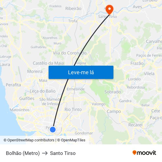 Bolhão (Metro) to Santo Tirso map