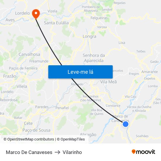 Marco De Canaveses to Vilarinho map