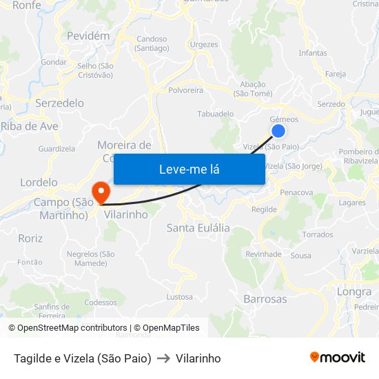 Tagilde e Vizela (São Paio) to Vilarinho map