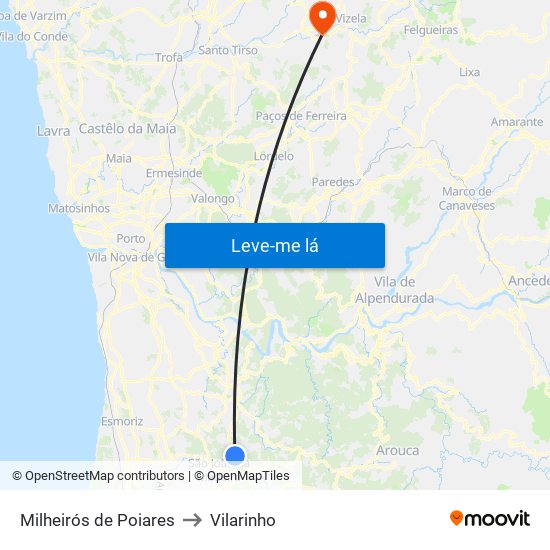 Milheirós de Poiares to Vilarinho map