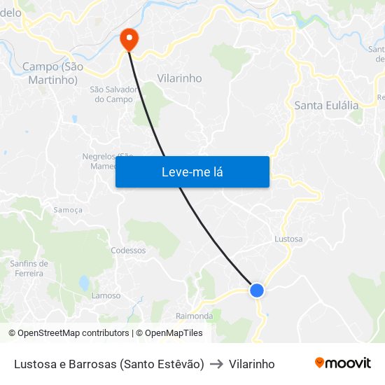 Lustosa e Barrosas (Santo Estêvão) to Vilarinho map